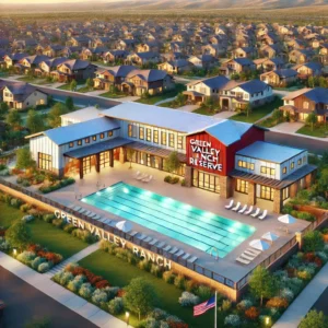 Aerial view of a single-story recreation center and outdoor pool surrounded by ranch-style homes in a suburban neighborhood, labeled 'Green Valley Ranch Reserve